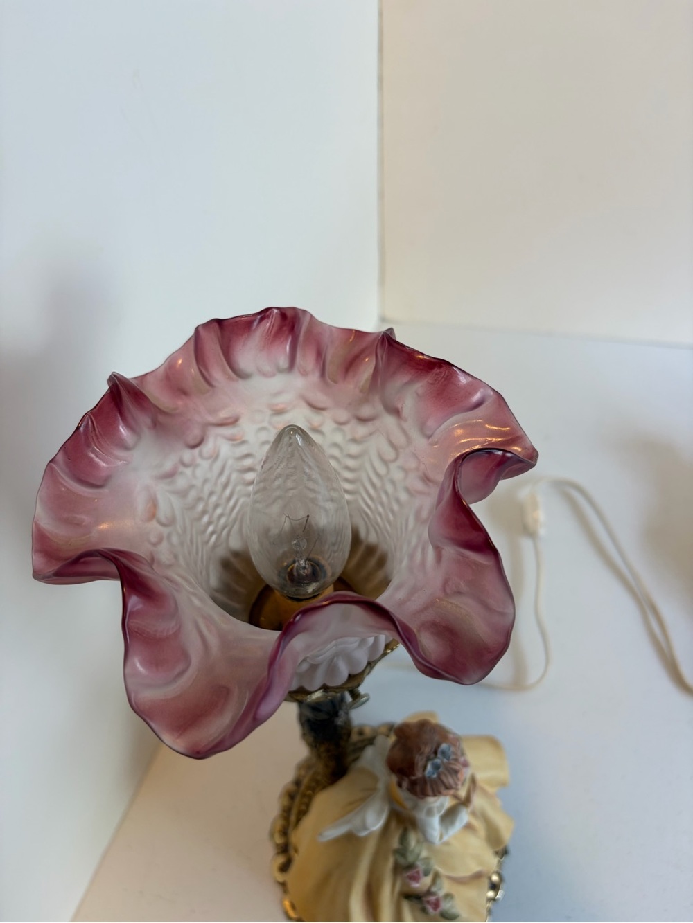 Vintage Victorian Lady Figurine Table Lamp Pink Floral Glass Boudoir Cottagecore - Picture 6 of 13